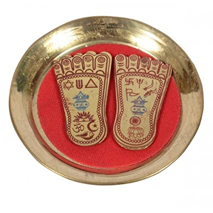 Brass Shree MA LAXMI CHARAN PADUKA (3.4 INCHES) ON A Plate for Prosperity